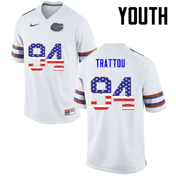 Florida Gators Youth #94 Justin Trattou College Football USA Flag Fashion White
